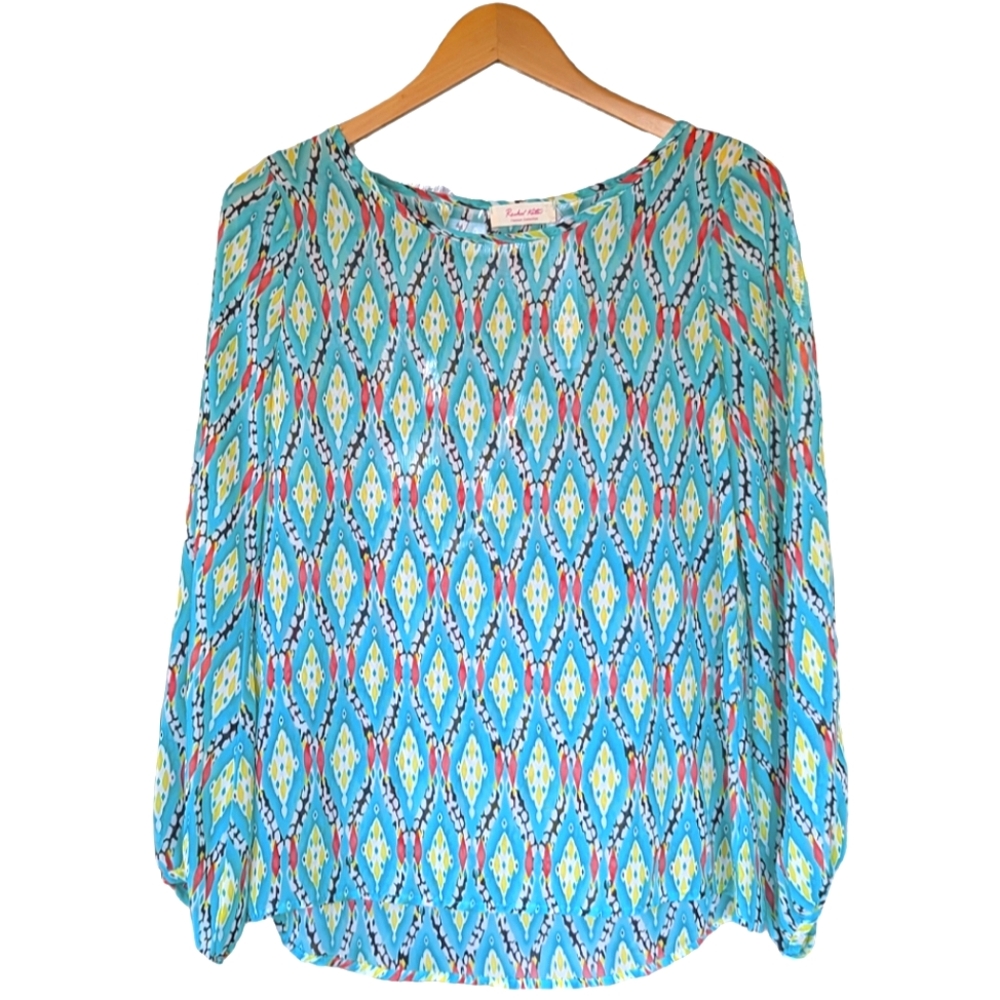 Rachel Kate Turquoise Teal Tribal Print Blouse Top | Sz Small